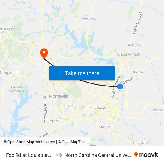 Fox Rd at Louisburg Rd to North Carolina Central University map