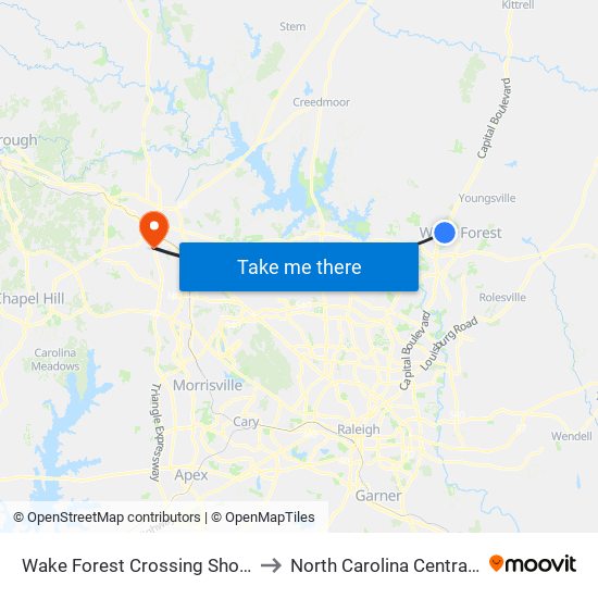 Wake Forest Crossing Shopping Center to North Carolina Central University map