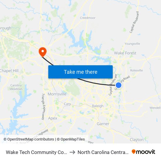 Wake Tech Community College - North to North Carolina Central University map