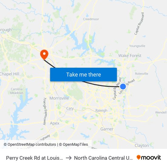 Perry Creek Rd at Louisburg Rd to North Carolina Central University map