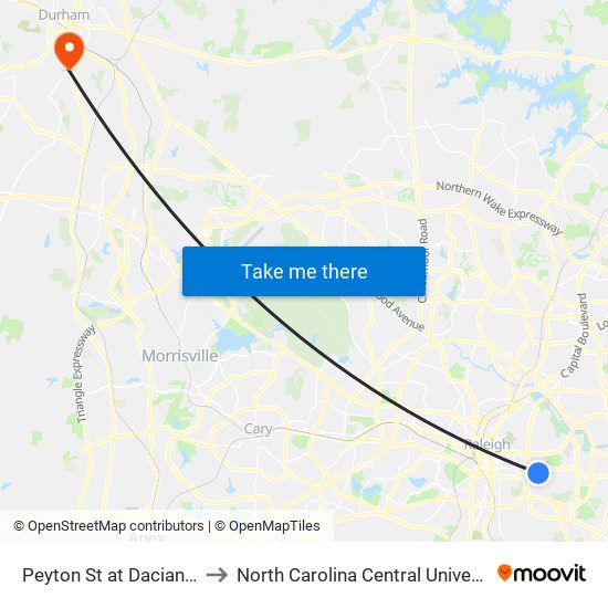 Peyton St at Dacian Rd to North Carolina Central University map