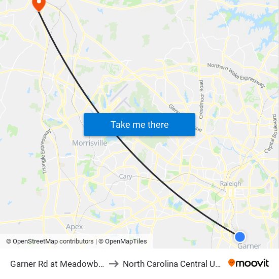 Garner Rd at Meadowbrook Dr to North Carolina Central University map