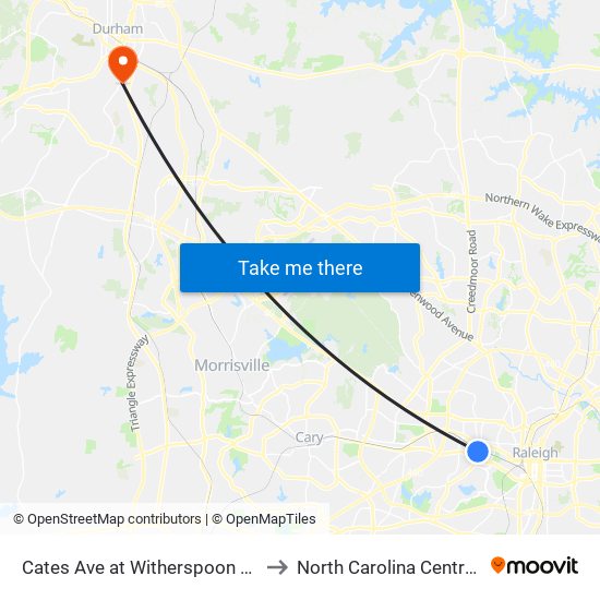 Cates Ave at Witherspoon Student Center to North Carolina Central University map