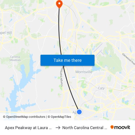 Apex Peakway at Laura Duncan Rd (Wb) to North Carolina Central University map