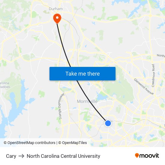 Cary to North Carolina Central University map