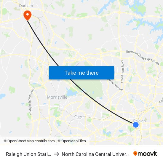 Raleigh Union Station to North Carolina Central University map