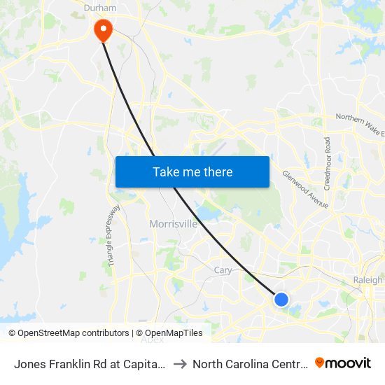 Jones Franklin Rd at Capital Center Dr (Nb) to North Carolina Central University map