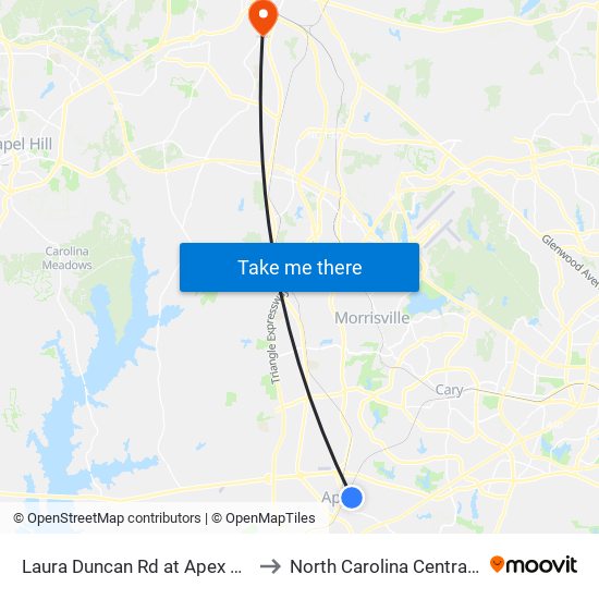 Laura Duncan Rd at Apex Peakway (Sb) to North Carolina Central University map