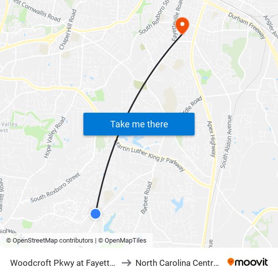 Woodcroft Pkwy at Fayetteville Rd (Wb) to North Carolina Central University map