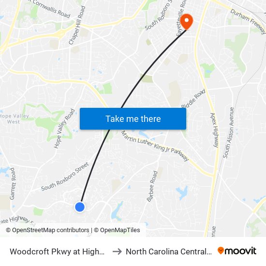 Woodcroft Pkwy at Highgate Dr (Eb) to North Carolina Central University map