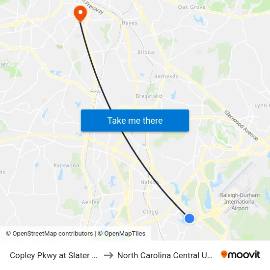 Copley Pkwy at Slater Rd (Eb) to North Carolina Central University map