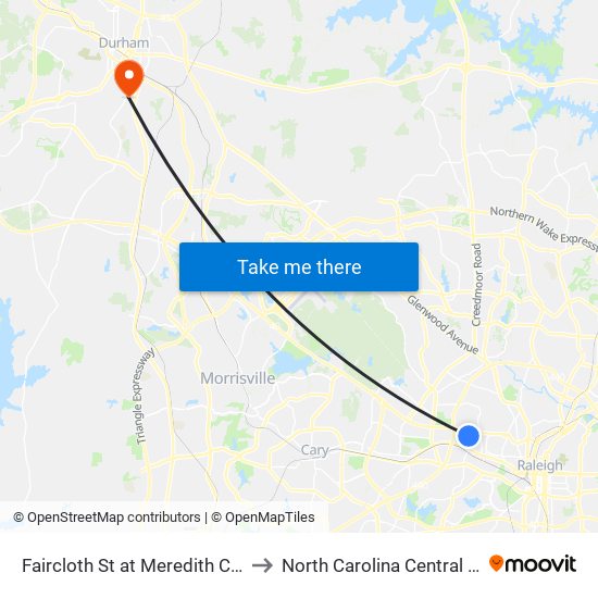 Faircloth St at Meredith College (Sb) to North Carolina Central University map
