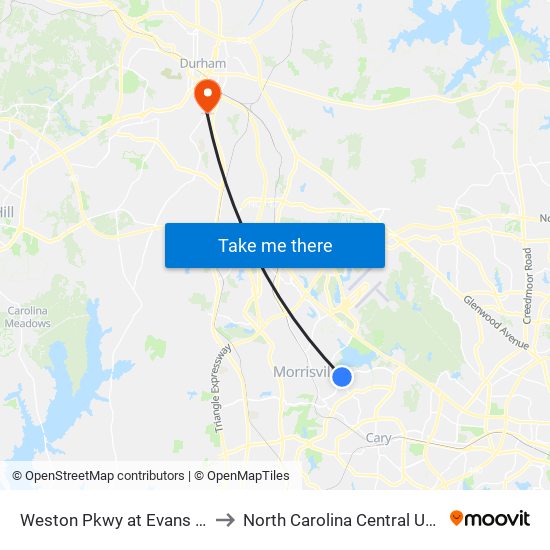 Weston Pkwy at Evans Rd (Sb) to North Carolina Central University map