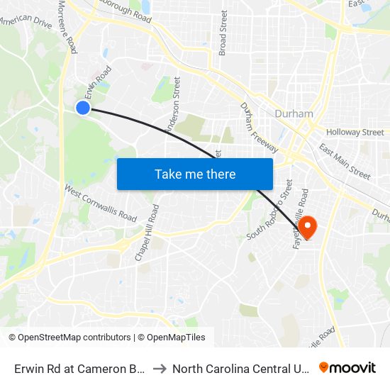 Erwin Rd at Cameron Blvd (Sb) to North Carolina Central University map