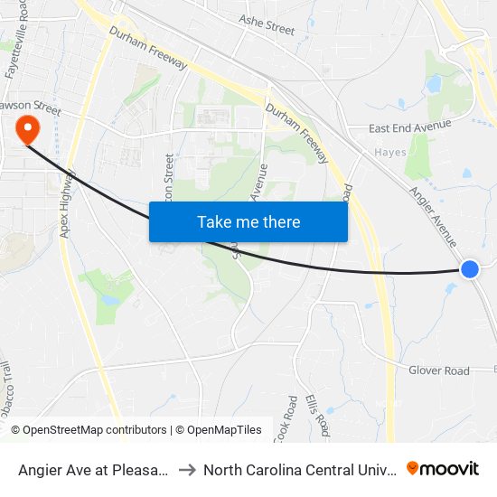 Angier Ave at Pleasant Dr to North Carolina Central University map