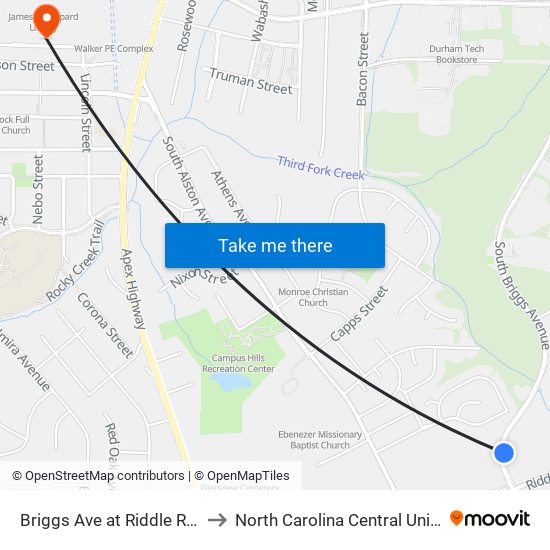 Briggs Ave at Riddle Rd (Nb) to North Carolina Central University map