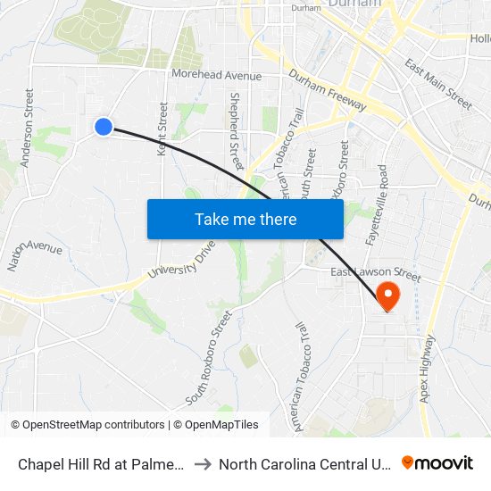 Chapel Hill Rd at Palmer St (Eb) to North Carolina Central University map