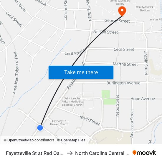 Fayetteville St at Red Oak Ave (Nb) to North Carolina Central University map