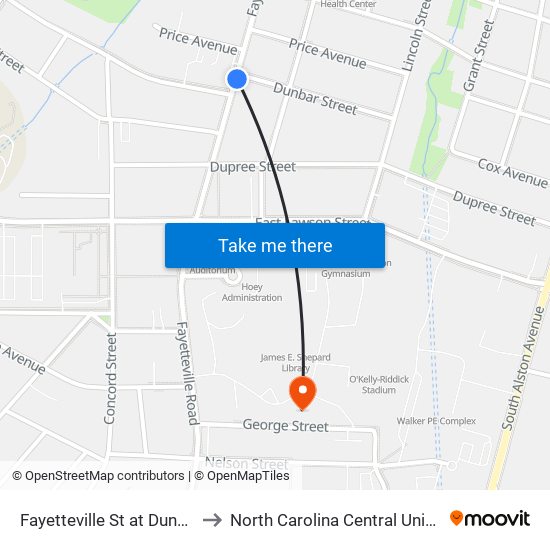 Fayetteville St at Dunbar St to North Carolina Central University map