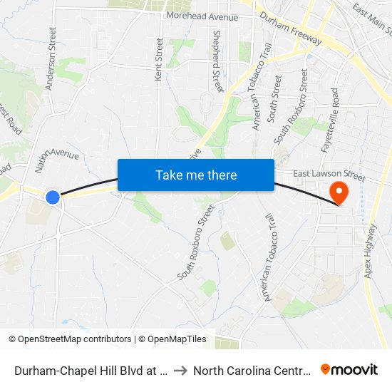 Durham-Chapel Hill Blvd at Hope Valley R to North Carolina Central University map