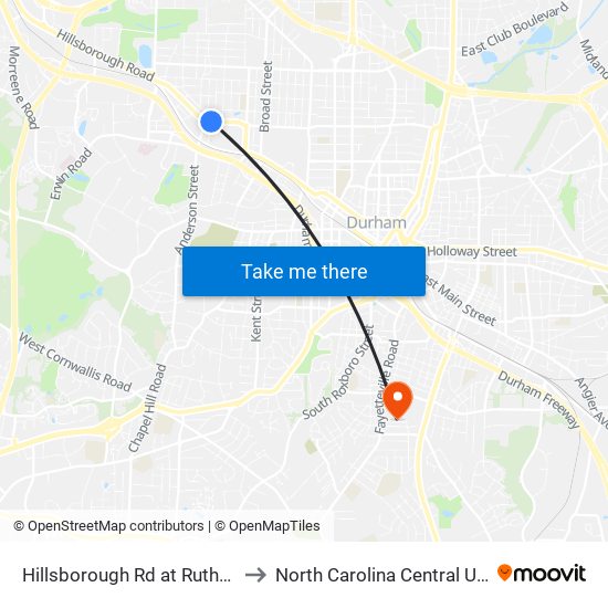 Hillsborough Rd at Rutherford St to North Carolina Central University map