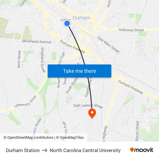 Durham Station to North Carolina Central University map