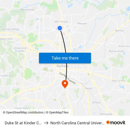Duke St at Kinder Care to North Carolina Central University map