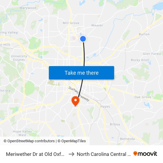 Meriwether Dr at Old Oxford Rd (Nb) to North Carolina Central University map