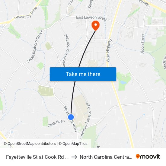 Fayetteville St at Cook Rd (Hillside Hs) to North Carolina Central University map