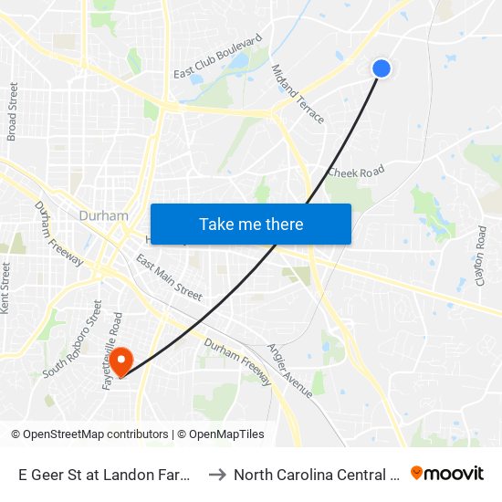 E Geer St at Landon Farms Ln (Wb) to North Carolina Central University map