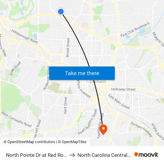 North Pointe Dr at Red Roof Inn (Wb) to North Carolina Central University map