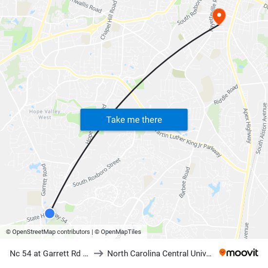 Nc 54 at Garrett Rd (Eb) to North Carolina Central University map