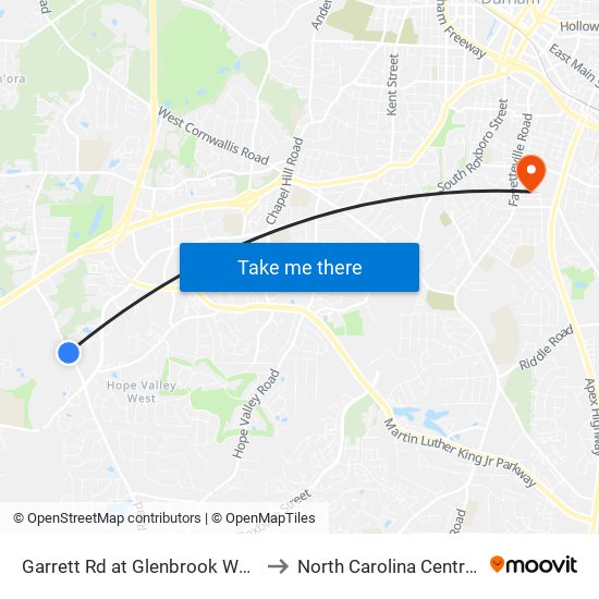 Garrett Rd at Glenbrook West Apartments to North Carolina Central University map
