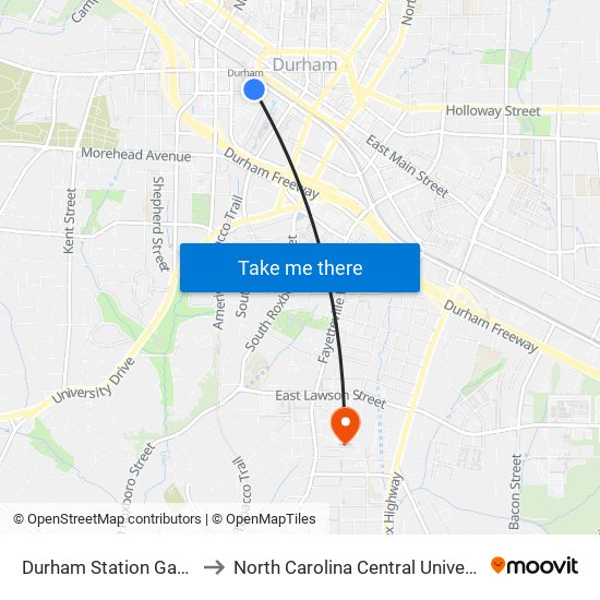 Durham Station Gate J to North Carolina Central University map