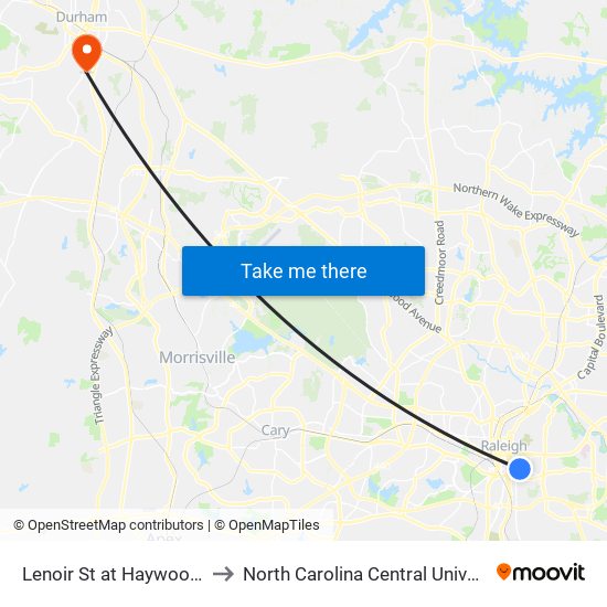 Lenoir St at Haywood St to North Carolina Central University map
