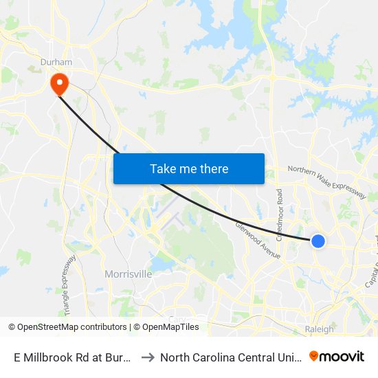 E Millbrook Rd at Burnlee Pl to North Carolina Central University map