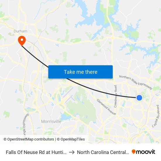 Falls Of Neuse Rd at Hunting Ridge Rd to North Carolina Central University map
