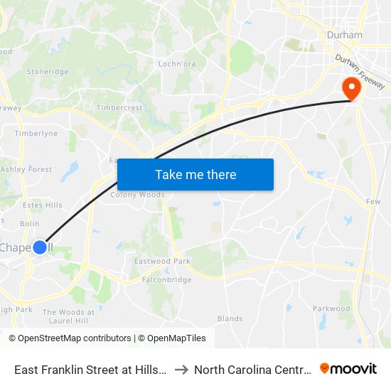 East Franklin Street at Hillsborough Street to North Carolina Central University map