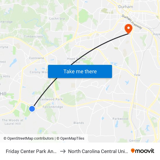 Friday Center Park And Ride to North Carolina Central University map