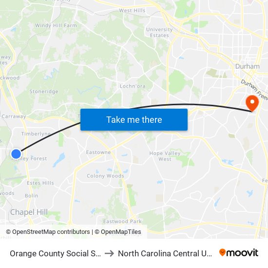 Orange County Social Services to North Carolina Central University map