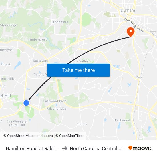 Hamilton Road at Raleigh Road to North Carolina Central University map