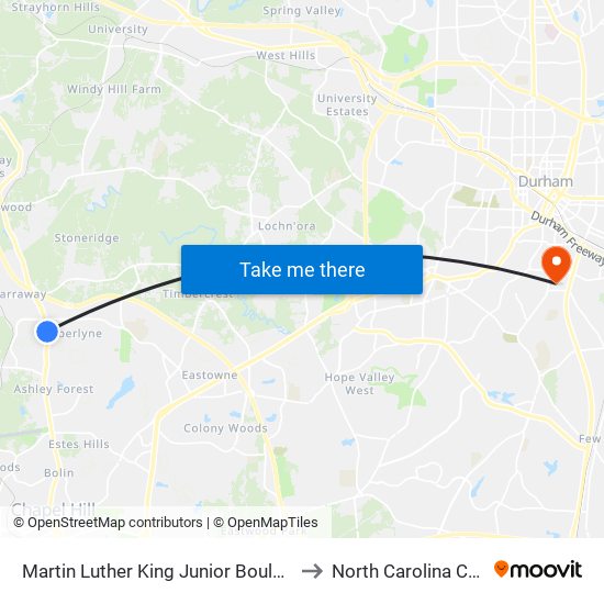 Martin Luther King Junior Boulevard at Westminster Drive to North Carolina Central University map