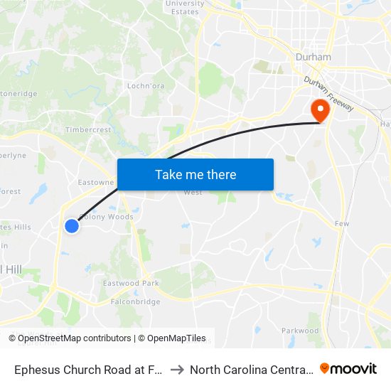 Ephesus Church Road at Frances Street to North Carolina Central University map