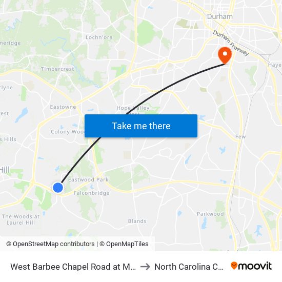 West Barbee Chapel Road at Meadowmont Village Circle to North Carolina Central University map