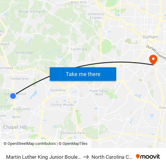 Martin Luther King Junior Boulevard at Ashley Forest Road to North Carolina Central University map