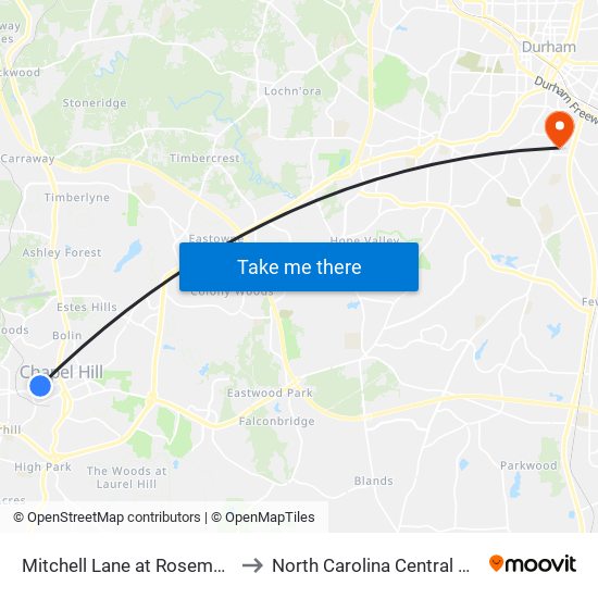 Mitchell Lane at Rosemary Street to North Carolina Central University map