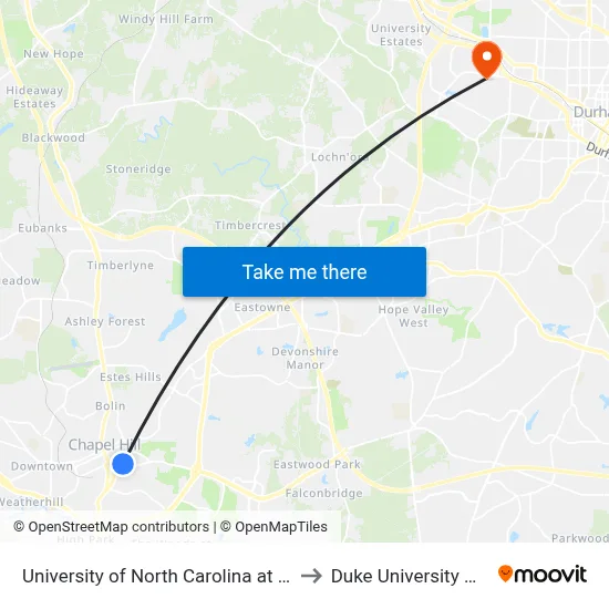 University of North Carolina at Chapel Hill to Duke University Hospital map