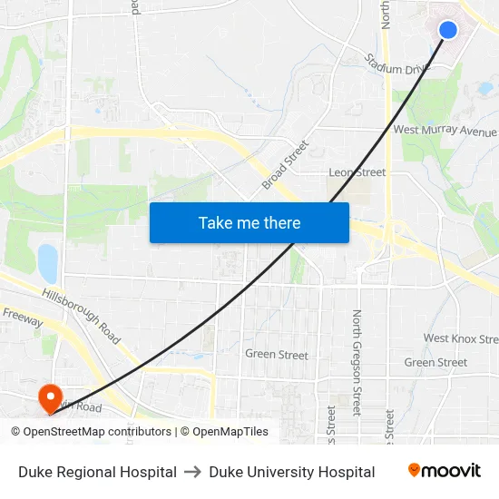 Duke Regional Hospital to Duke University Hospital map