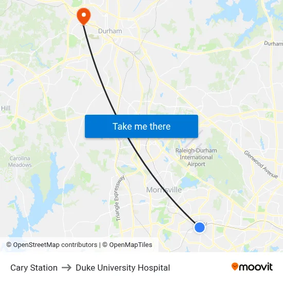 Cary Station to Duke University Hospital map
