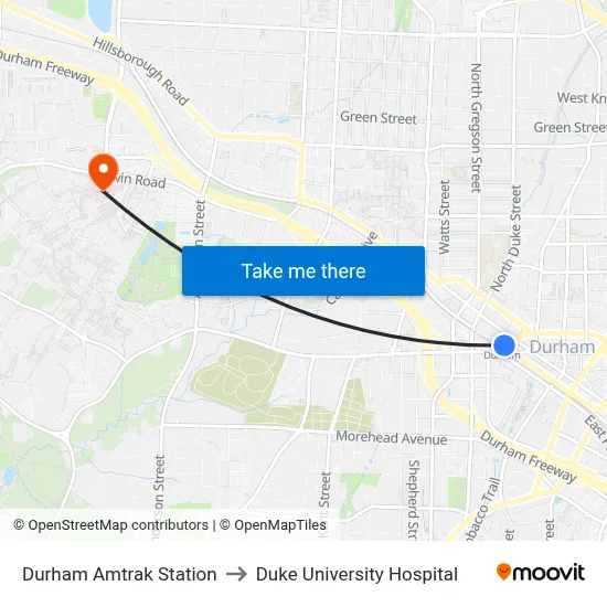 Durham Amtrak Station to Duke University Hospital map